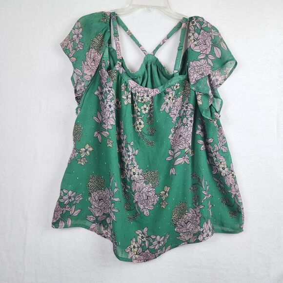 Torrid Cold Shoulder Halter Top Crinkle Chiffon Floral Green Sz 1X Lined Shimmer - Picture 5 of 11